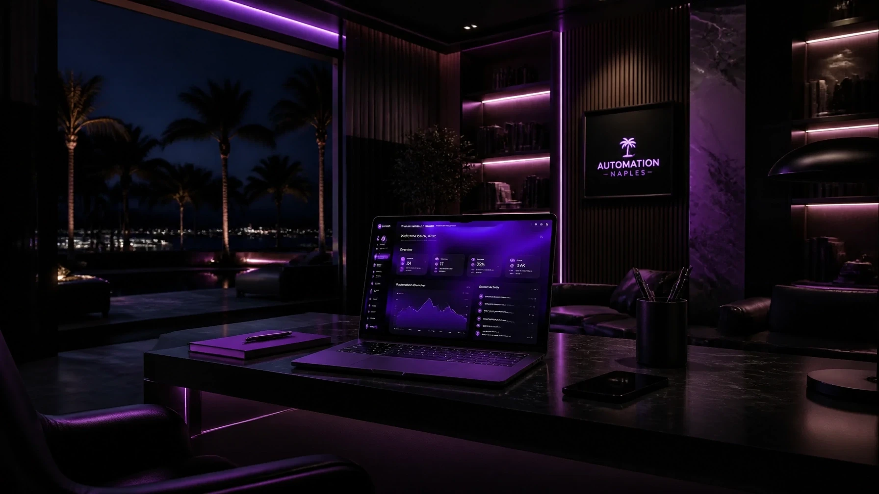 A cinematic interior shot of a luxury home office with a sleek laptop displaying a digital dashboard, reflecting executive-level automation and control.