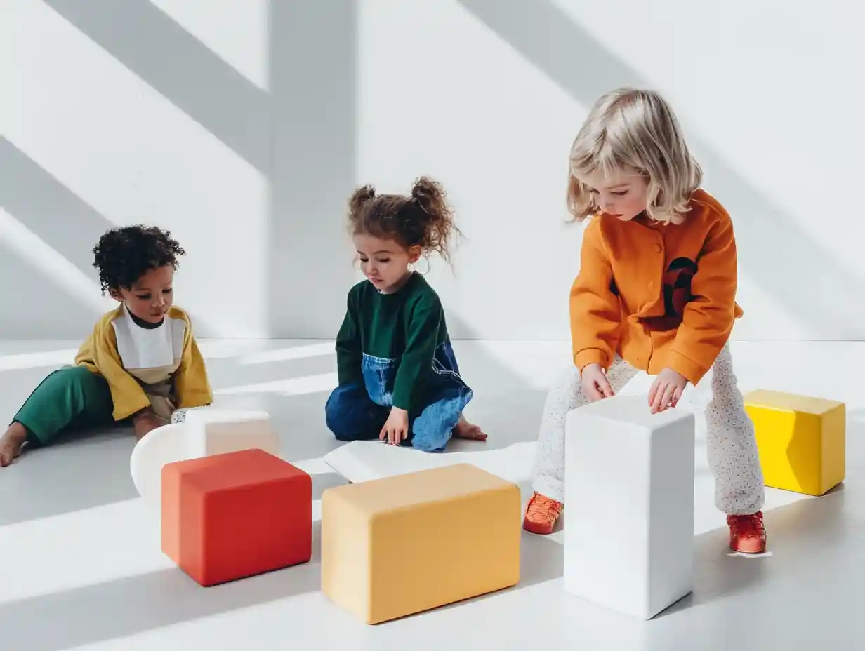 Three young children engaging with colorful geometric blocks in a brightly lit room, fostering creativity and collaboration.