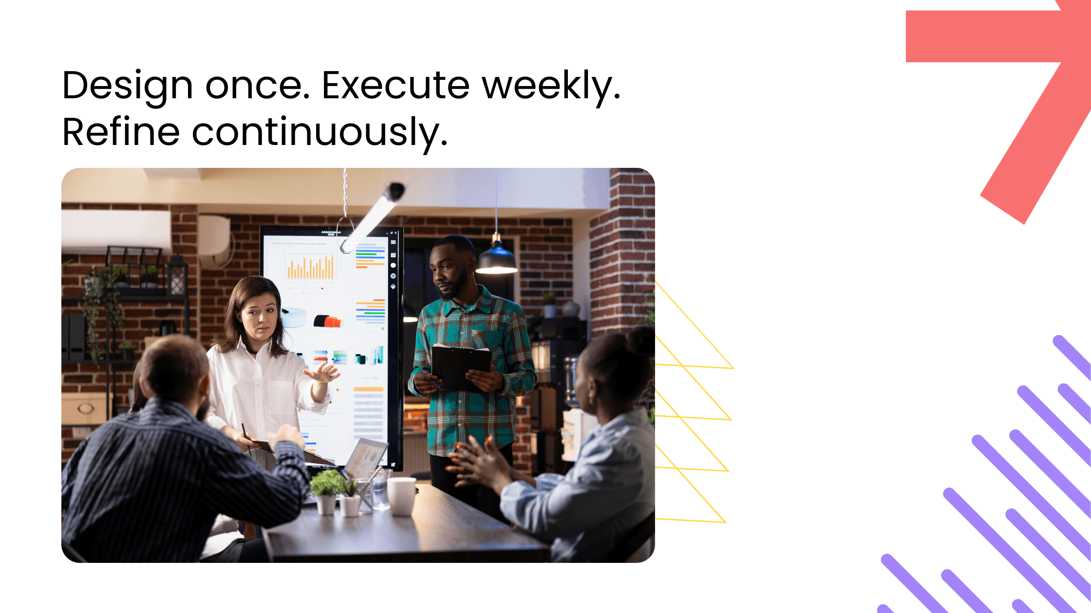 Two presenters explaining charts to seated team in meeting room with headline about weekly execution and continuous refinement.