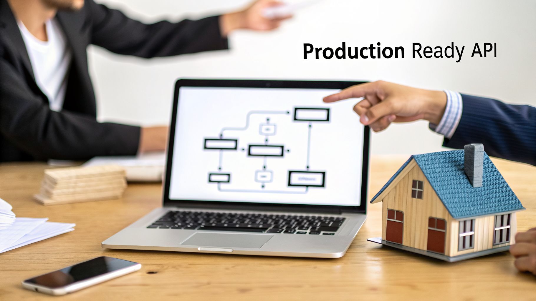 Two professionals discuss a flowchart on a laptop, with a model house, indicating a production-ready API.
