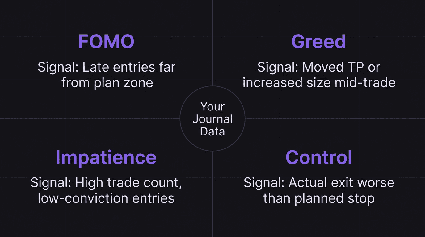 Diagram showing four trading weaknesses and their journal signals