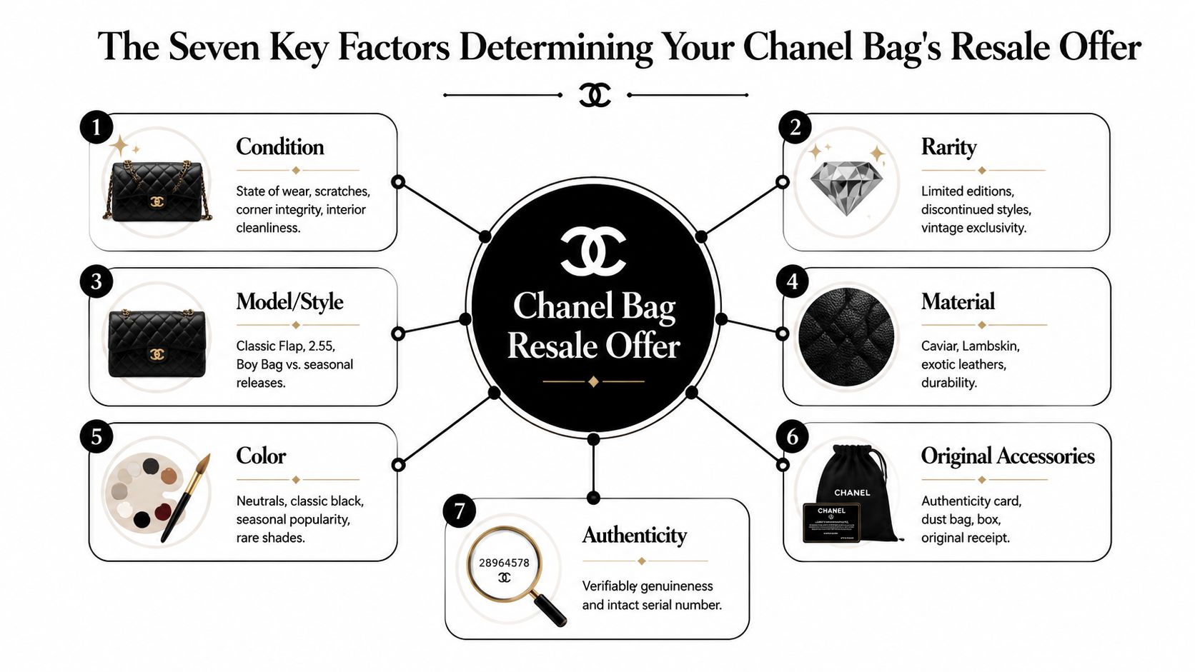 An infographic titled The Seven Key Factors Determining Your Chanel Bag's Resale Offer with seven distinct points.