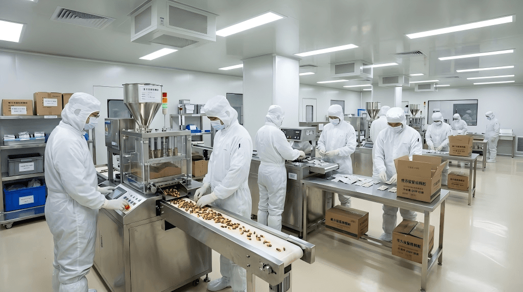完成後的中成藥GMP無塵室走廊與配劑間，展示差壓監測與不銹鋼工藝設備 / Finished GMP TCM cleanroom corridor and preparation room with differential pressure gauges and stainless process equipment