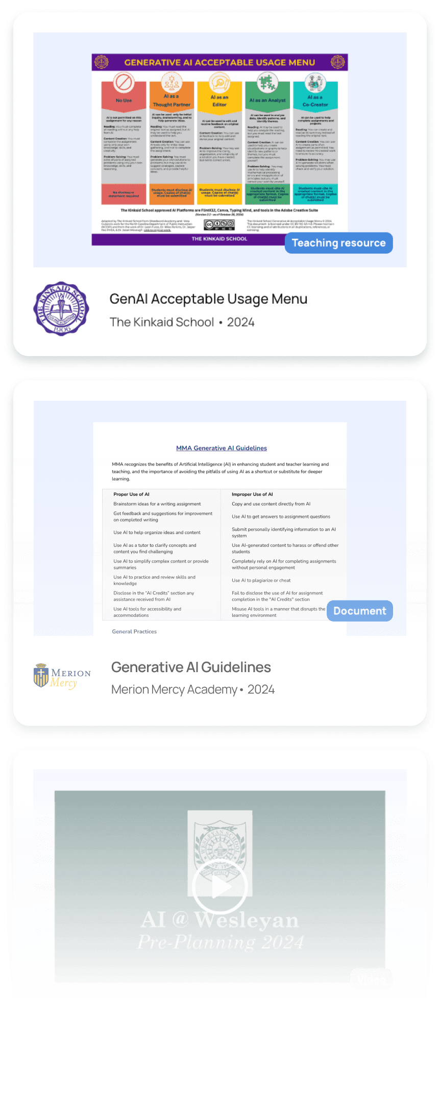 A column of preview images from the AI policy library including GenAI acceptance usage documents