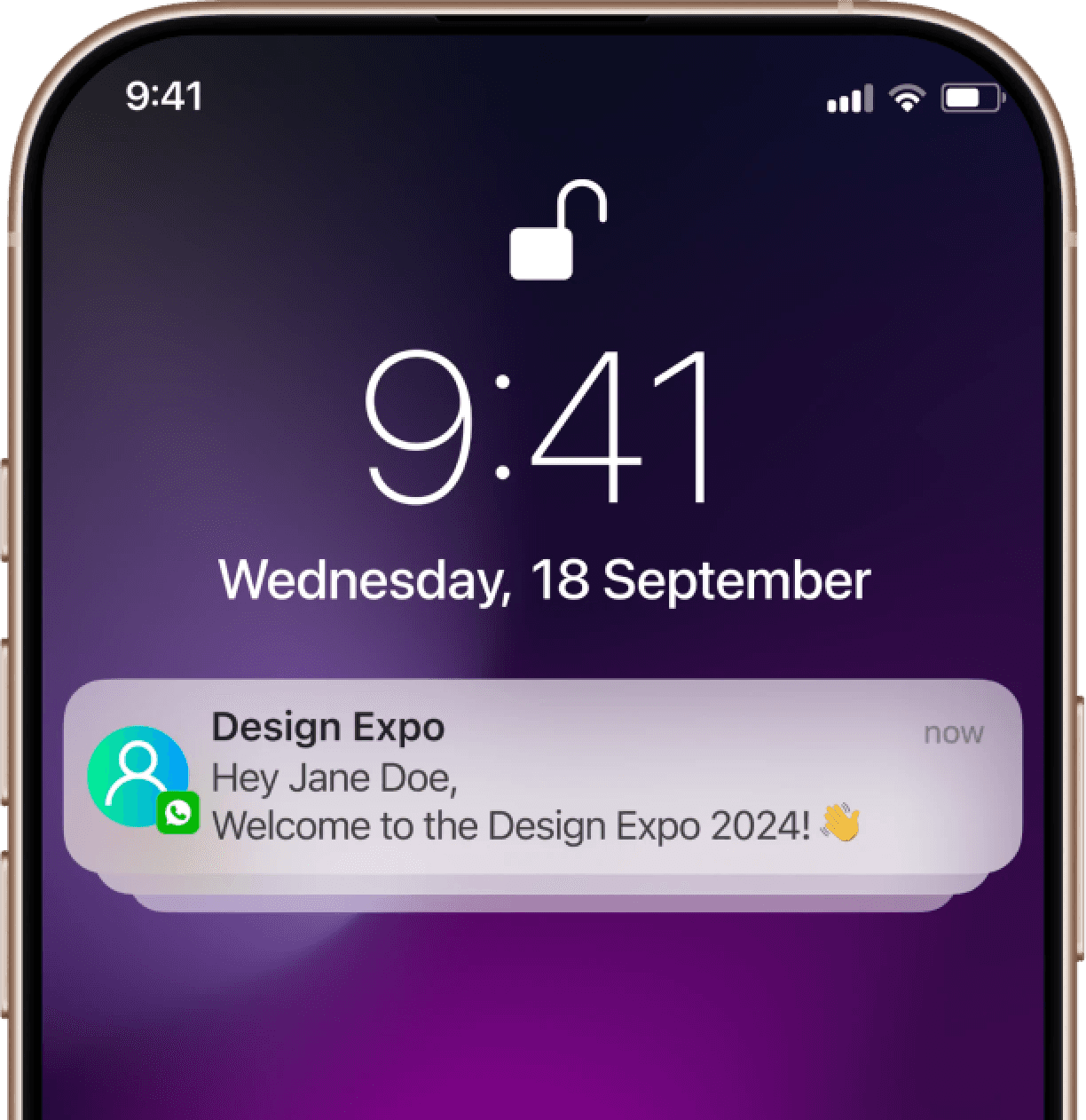 Phone screen with use case example of a trade show using Blueticks concierge bot in WhatsApp