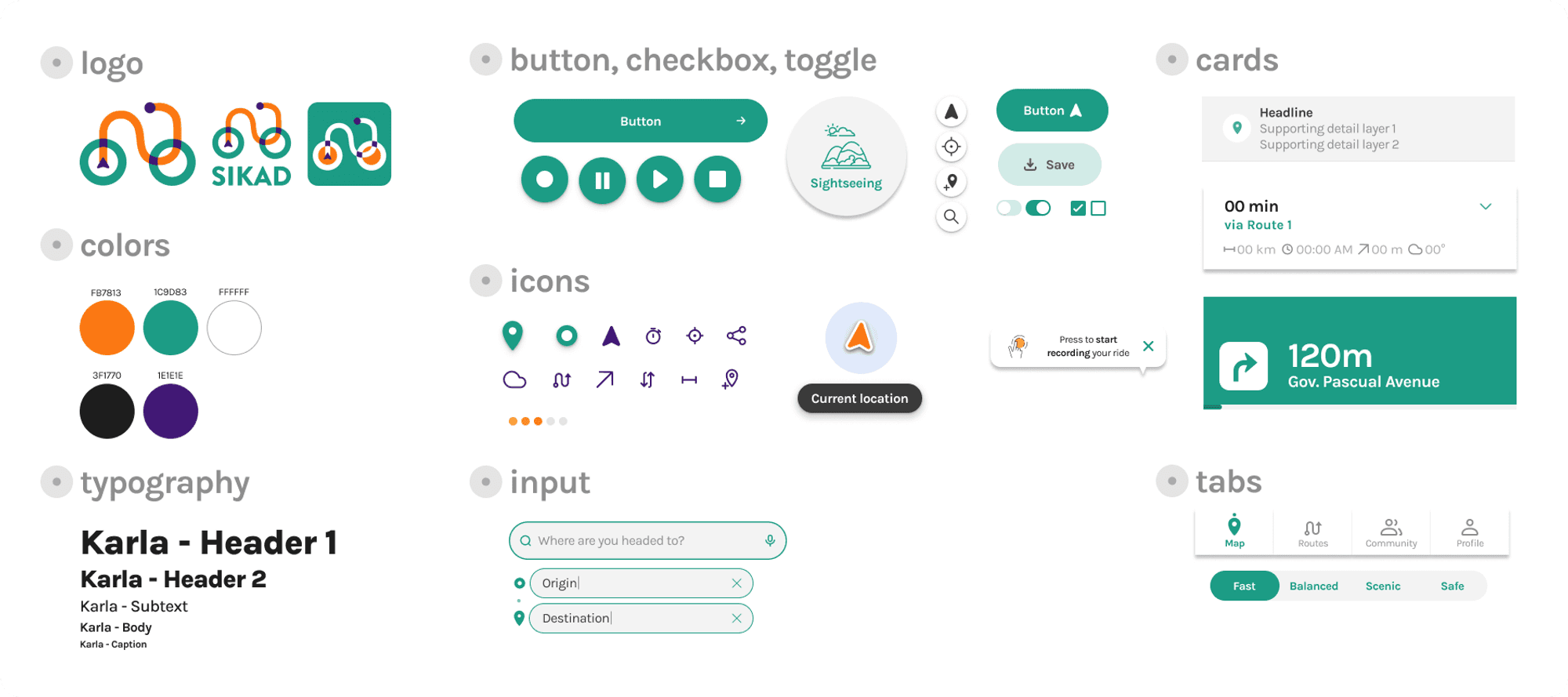 Design system documentation for SIKAD cycling app showing logo variants, color palette, typography, and UI components