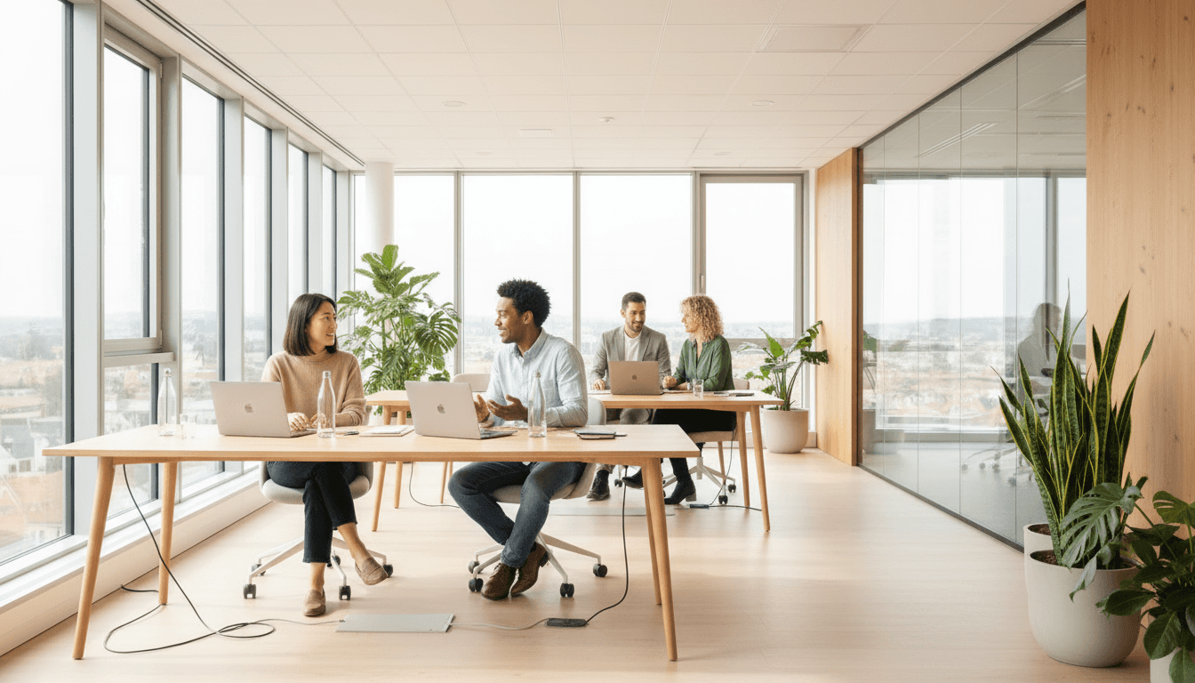 Ein internationales Team arbeitet zusammen in einem Raum