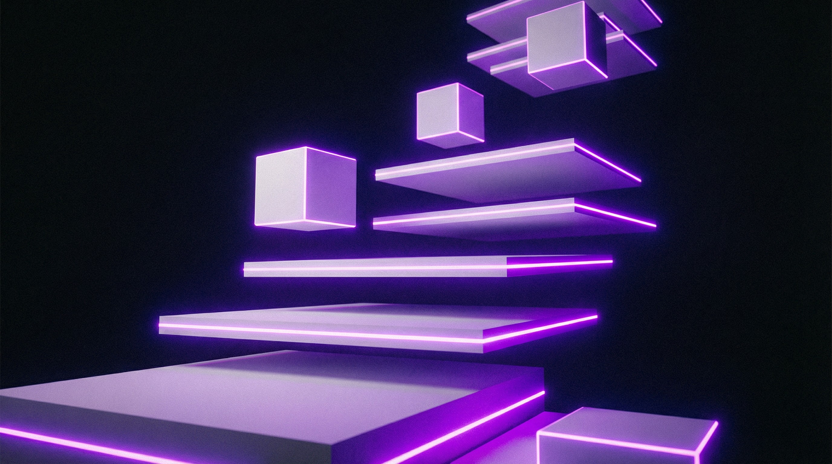 Abstract organic shapes and data visualizations on black background with purple and coral accents