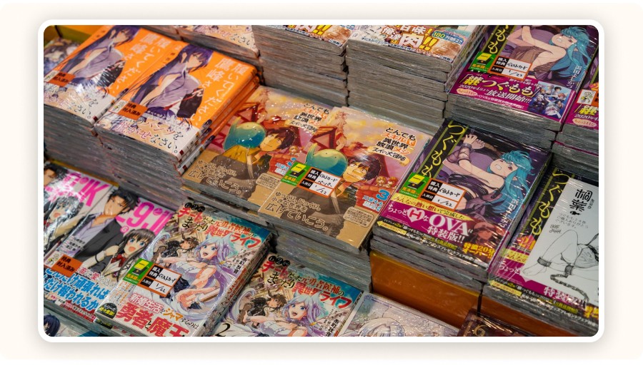 Stack of colorful Japanese manga books