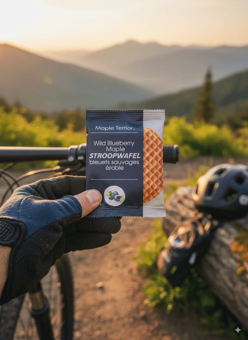 Hand holding a Maple Blueberry stroopwafel with mountains, helmet, and bike in the background.
