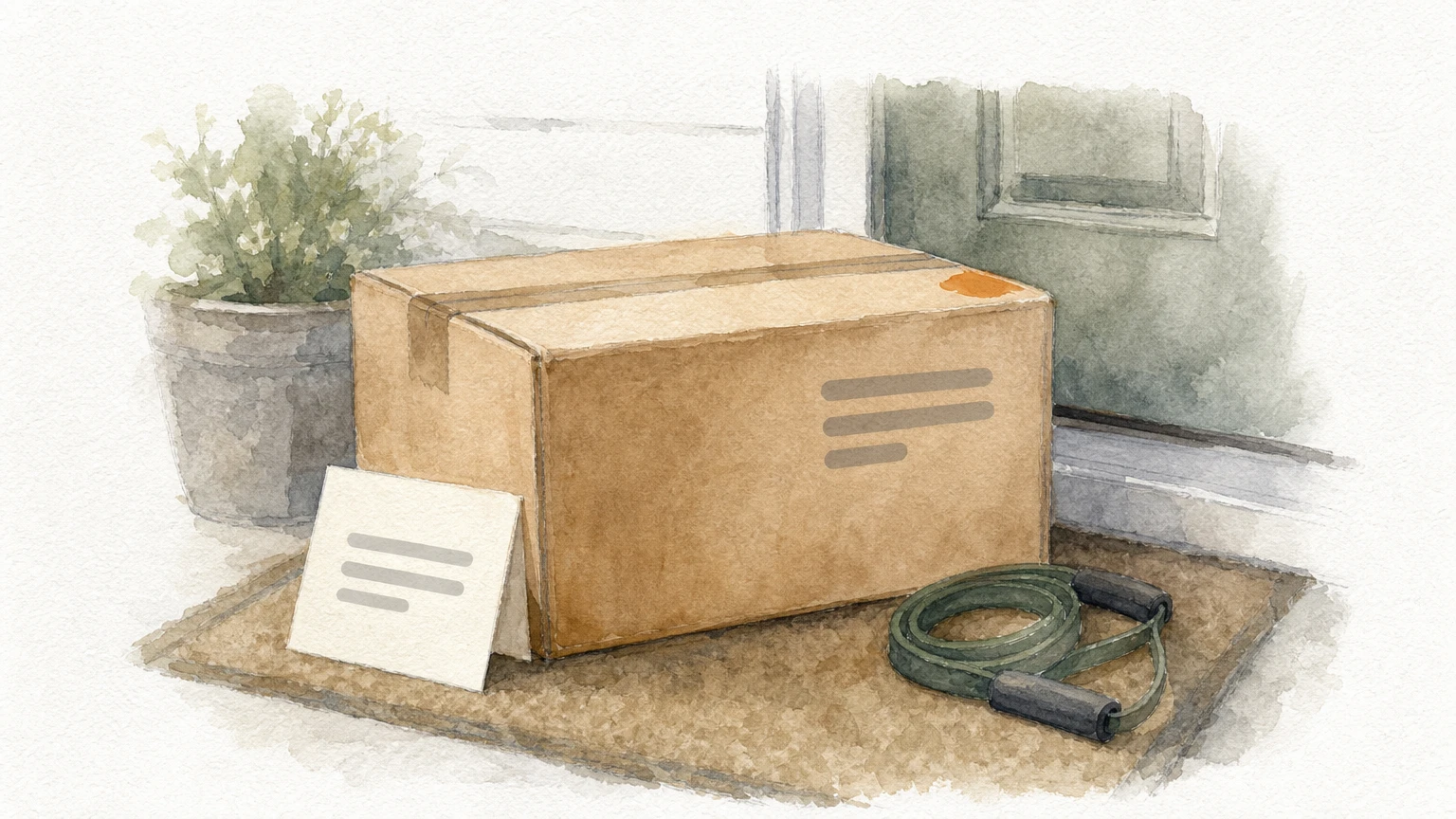 A delivered cardboard box on a doorstep with a thank-you card and a resistance band.