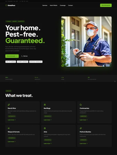Pest control website prompt — near-black and lime green modern pest control services website design preview