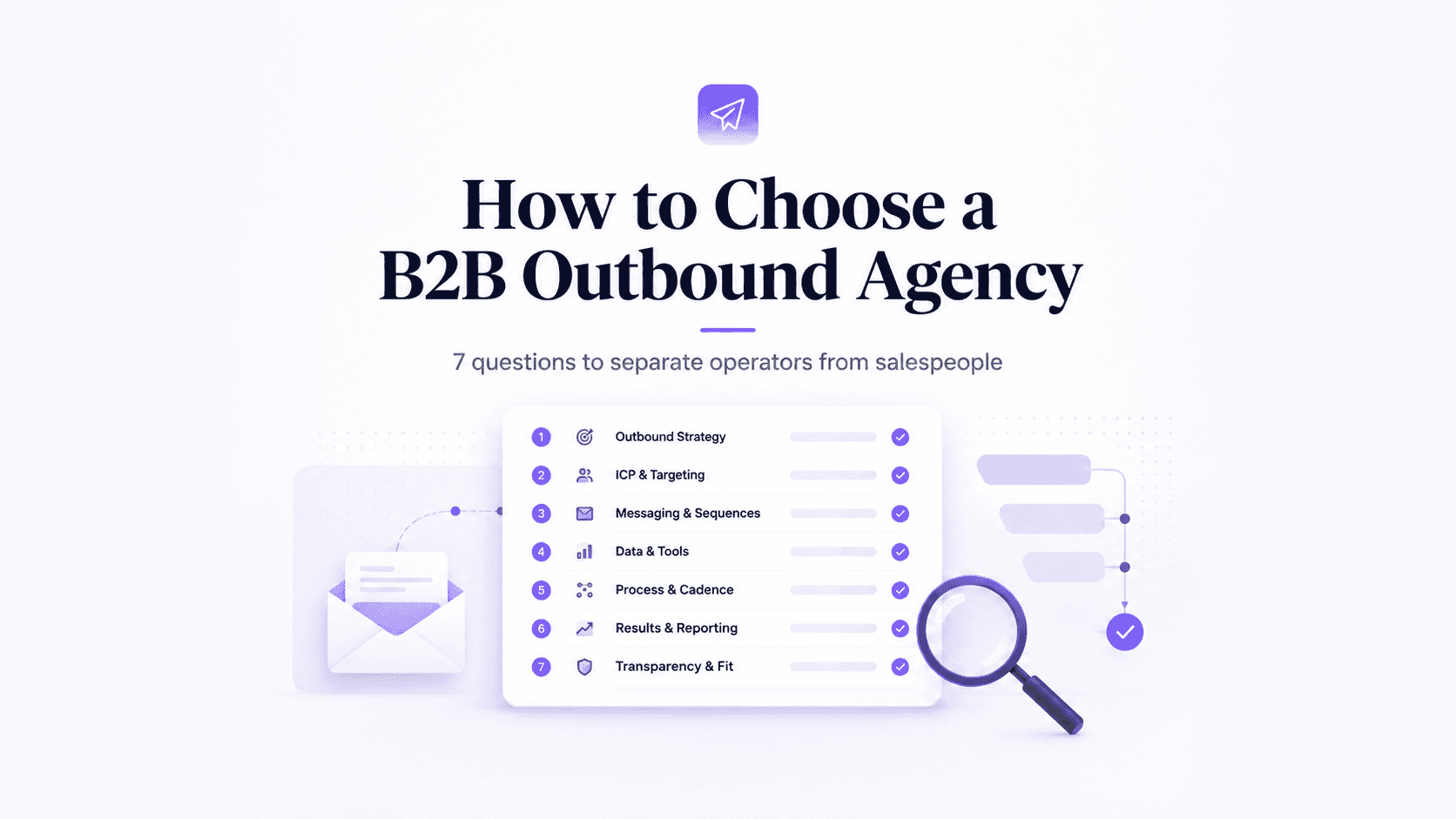 Blog header for an article titled “How to Choose a B2B Outbound Agency,” featuring a centered checklist, email icon, pipeline graphic, and magnifying glass in a minimal purple SaaS-style design.