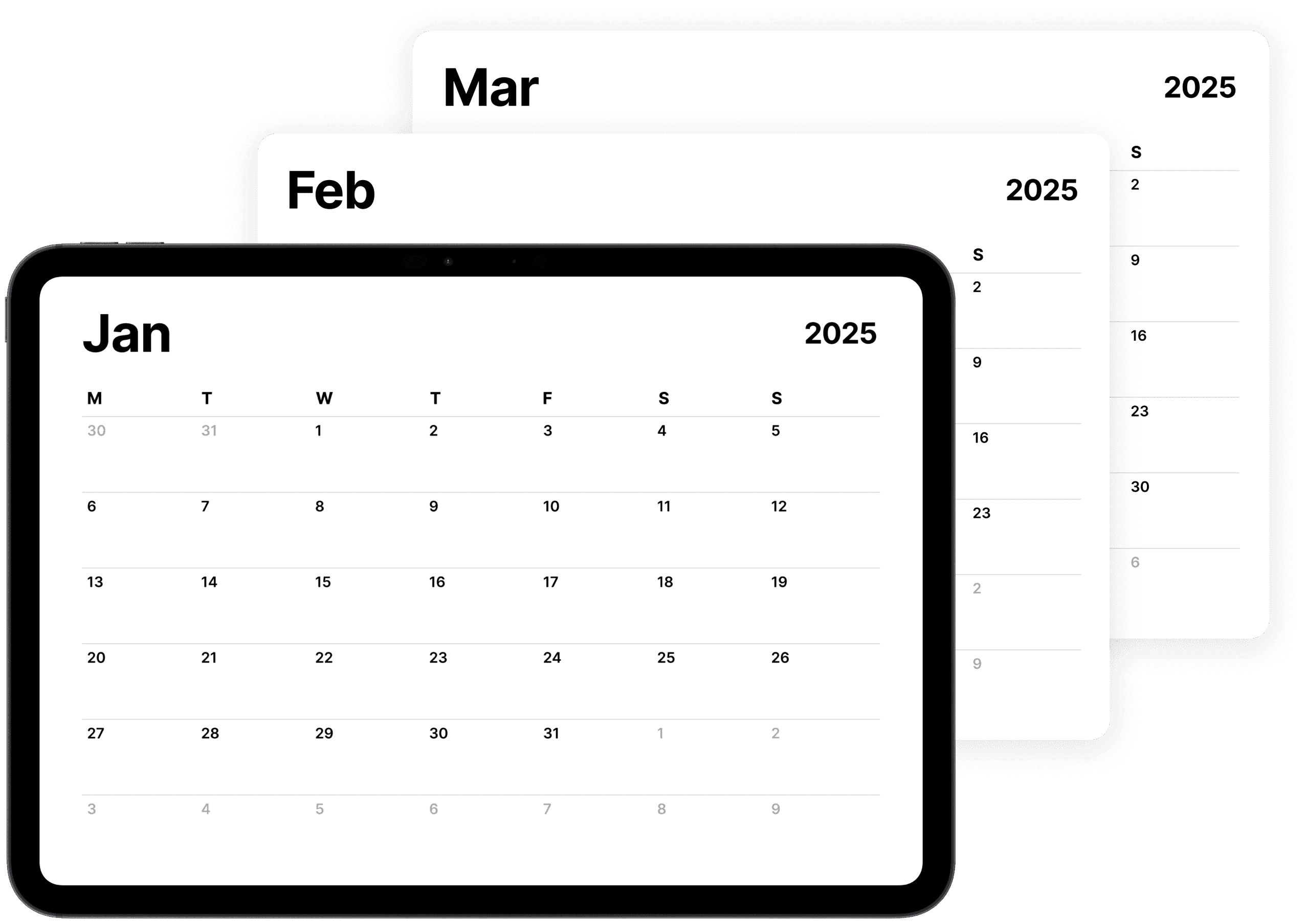 2025 Minimalist Calendar for January, February, March