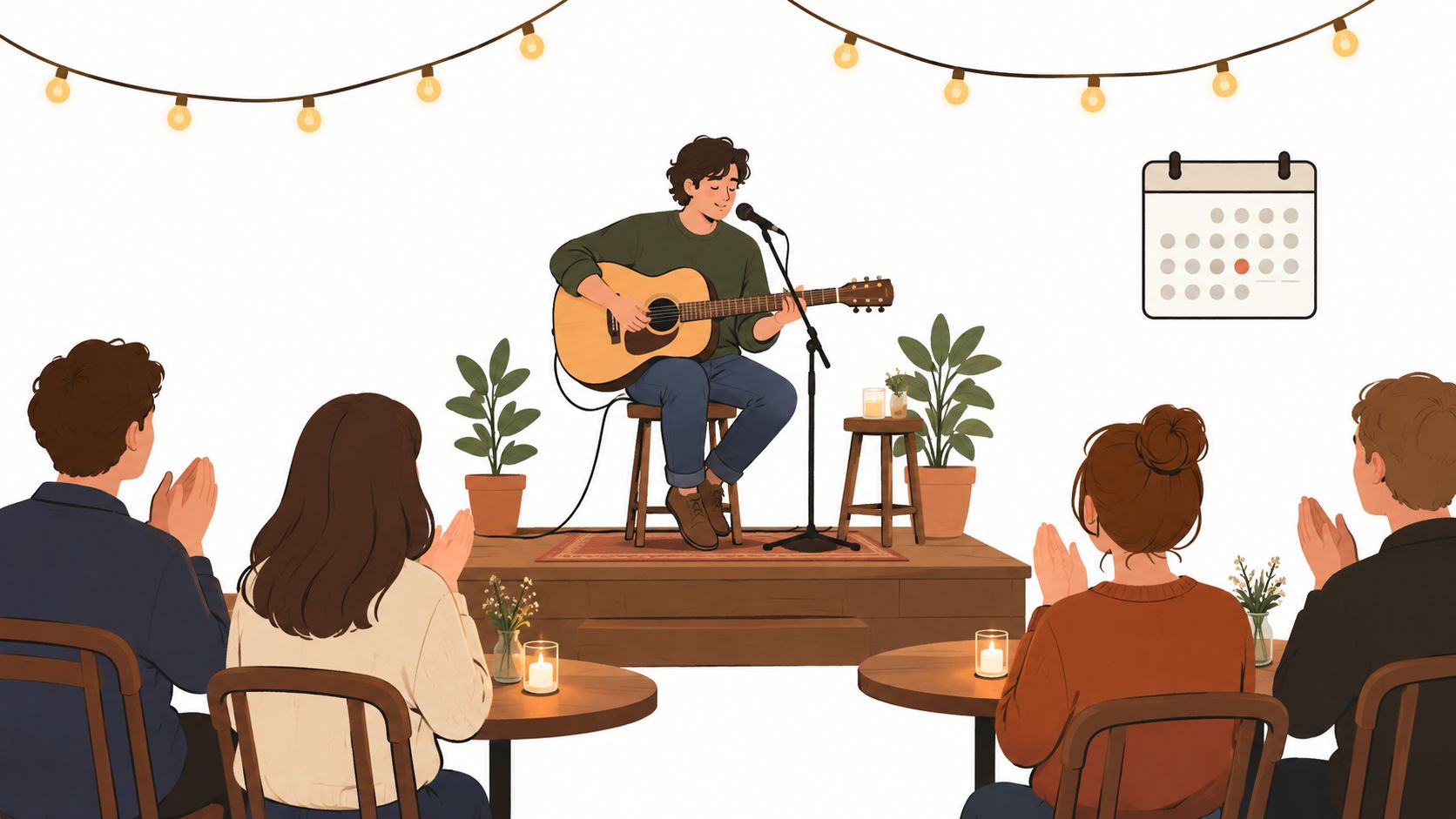 Un joven músico toca la guitarra acústica y canta ante una audiencia en un pequeño escenario acogedor.