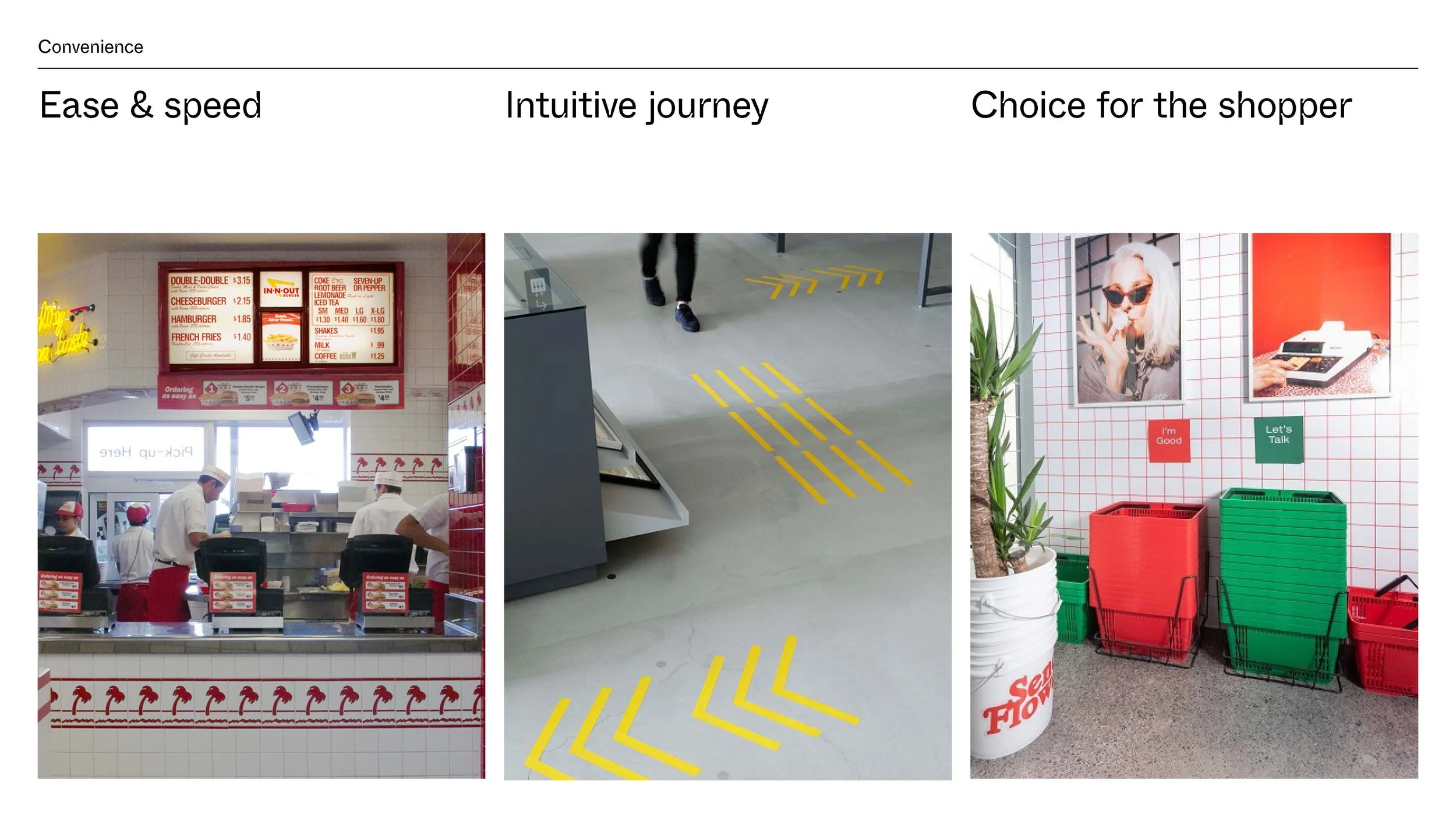 Wayfinding in use — the fast lane vs. the exploratory lane — and product organized by color coding