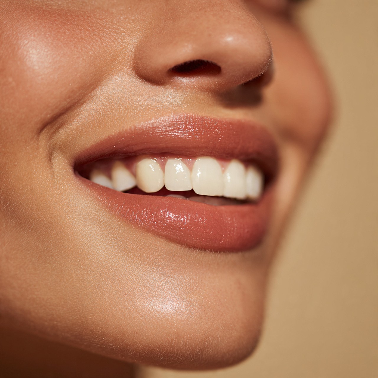 Close-up of a smiling woman's face, focusing on her lips and teeth. Her lips are glossy with a natural, pinkish hue, and her skin glows warmly.