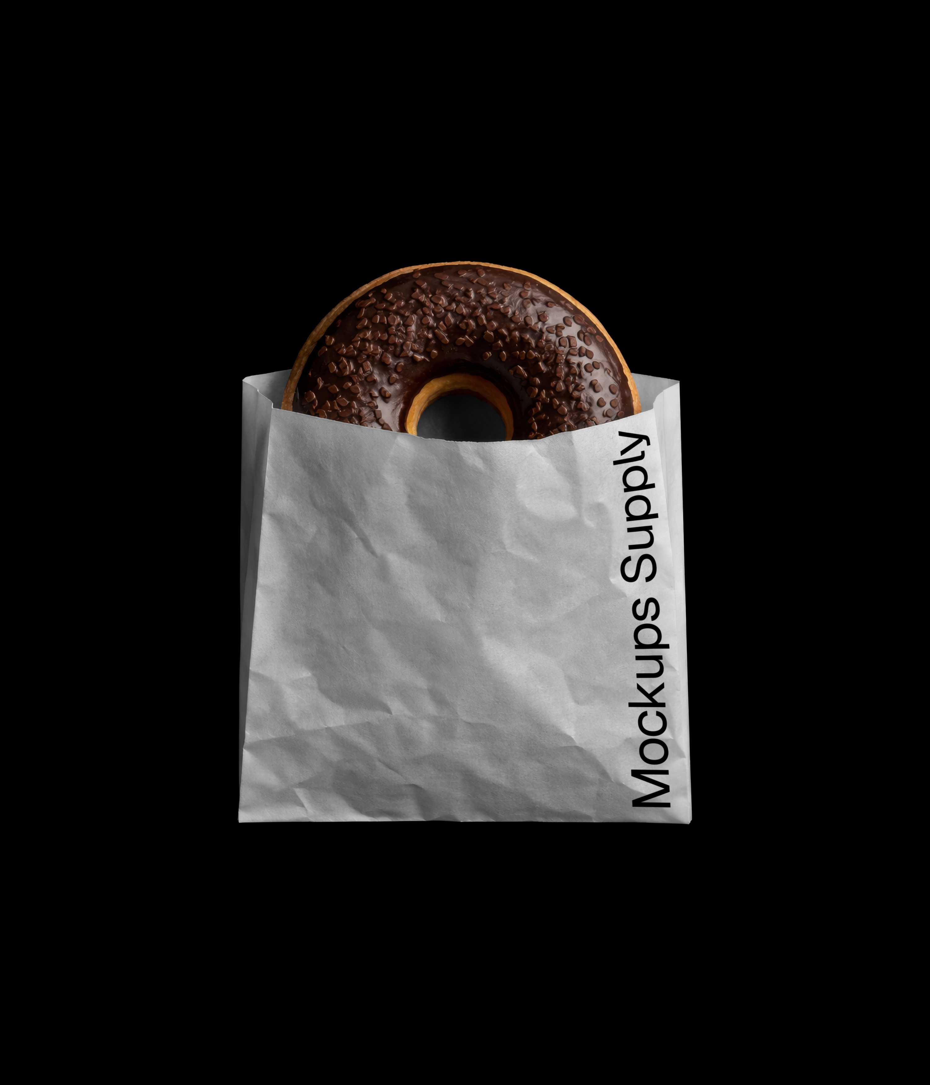 Chocolate donut in white paper bag mockup on black background with editable design photoshop PSD template for bakery branding
