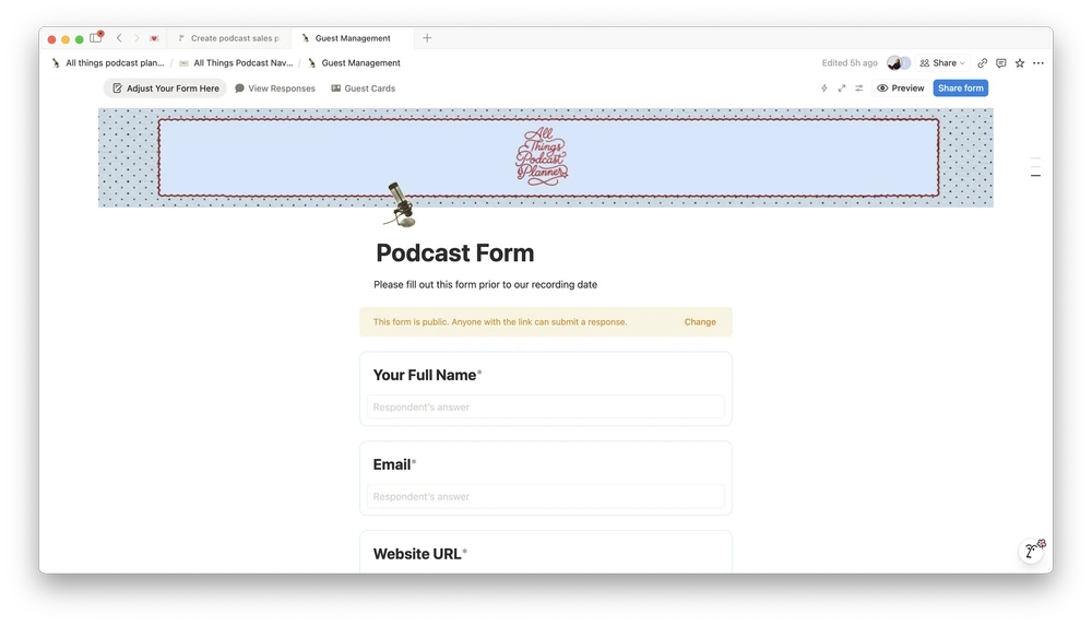Podcast guest management form for collecting guest details before recording