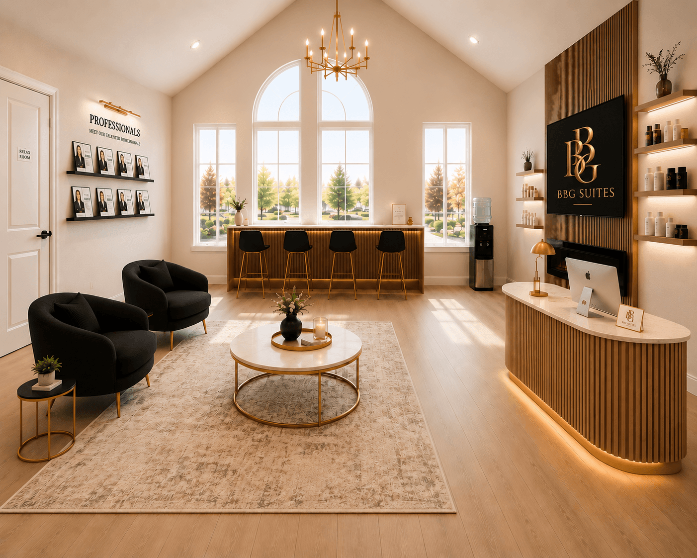 BBG Suites lobby concept rendering with reception desk, branded signage, and tall windows