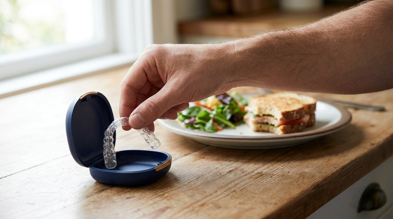 Hand placing a clear aligner into a small case on a kitchen table beside a plate of lunch