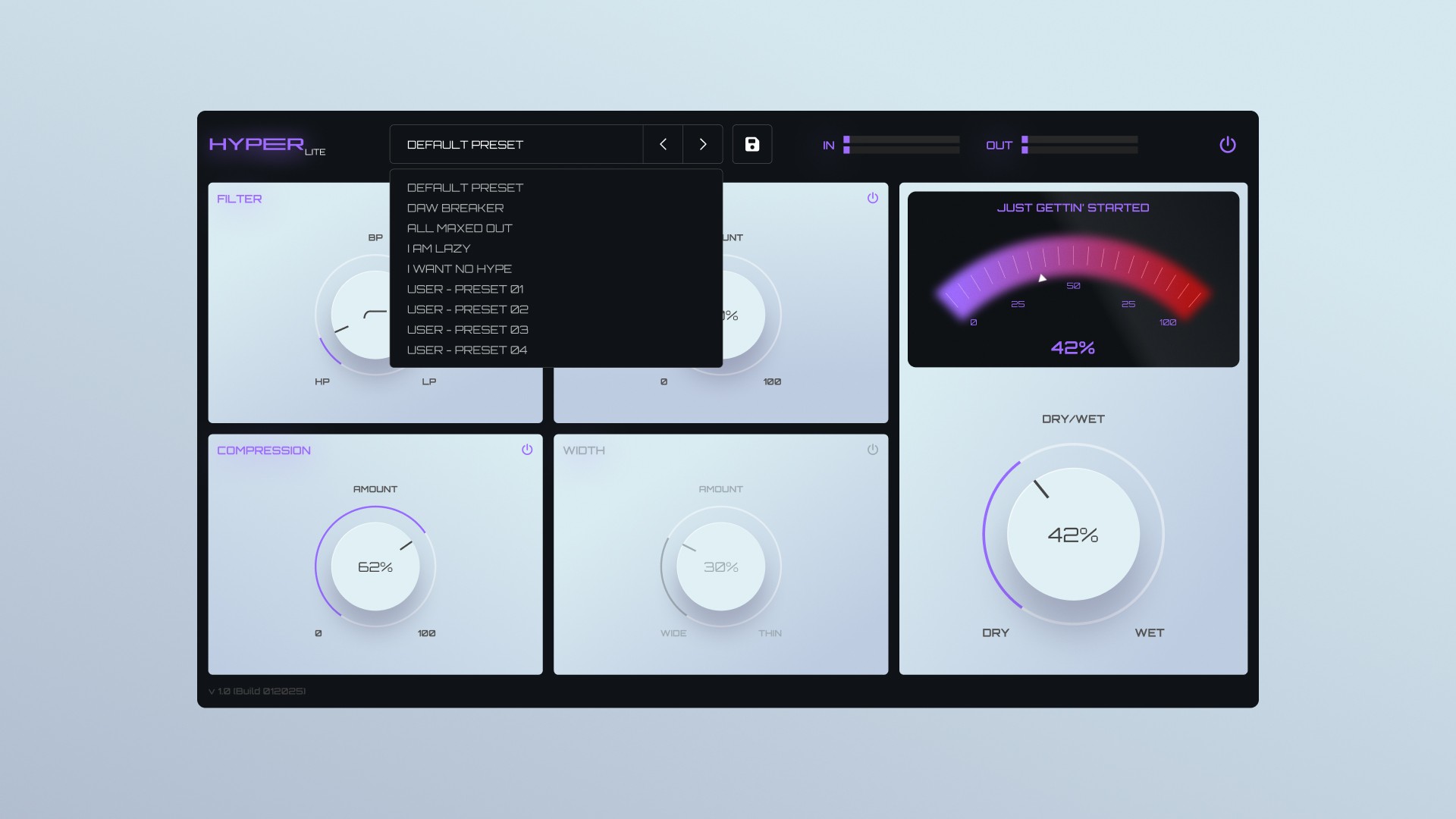 UI pluginu Hyper s otevřeným menu presetů