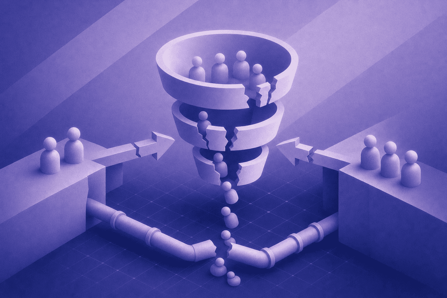 A clean isometric illustration showing a B2B marketing funnel with visible cracks and breaks at different stages — leads falling through gaps between funnel sections, misaligned arrows between sales and marketing sides, a disconnected pipeline on a dark navy background with subtle grid lines, minimalist flat design style, no text or labels