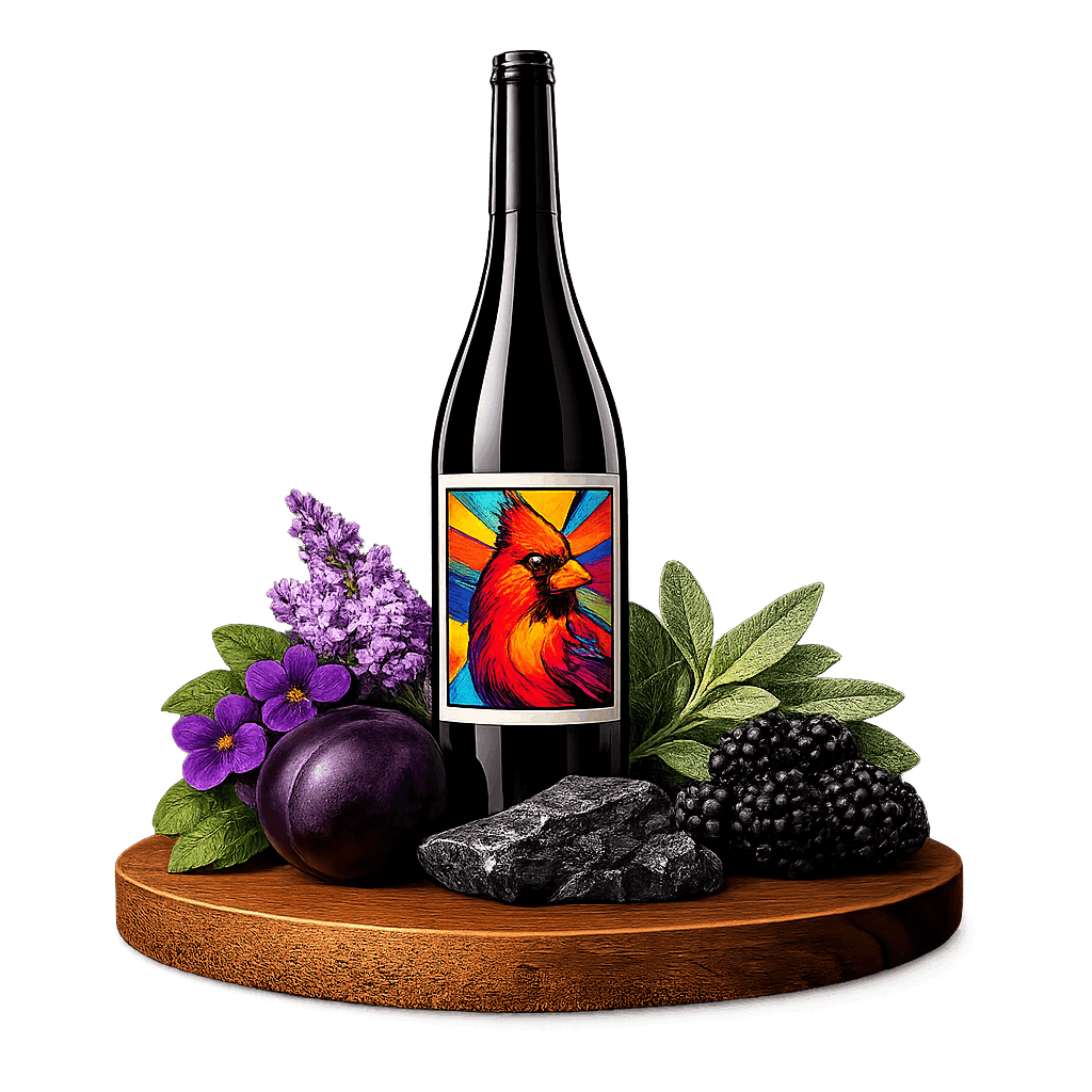 Artistic label and flavor profile for Virginia Petit Verdot on a rustic wooden table.