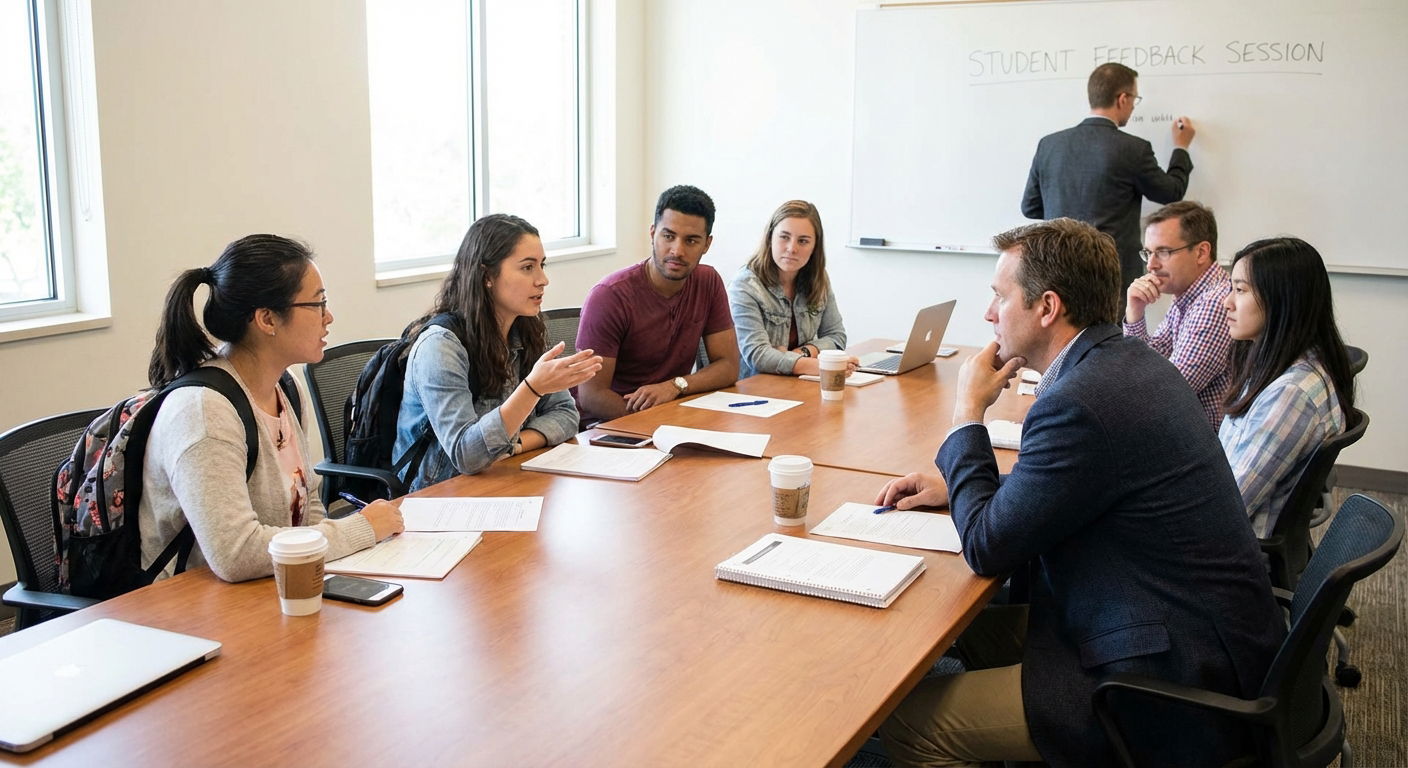 mid article image showing a discussion meeting between staff and students