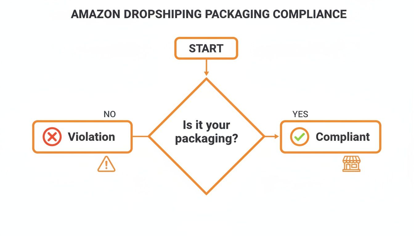 Amazon dropshipping packaging compliance flowchart: own packaging means compliant, third-party means violation.