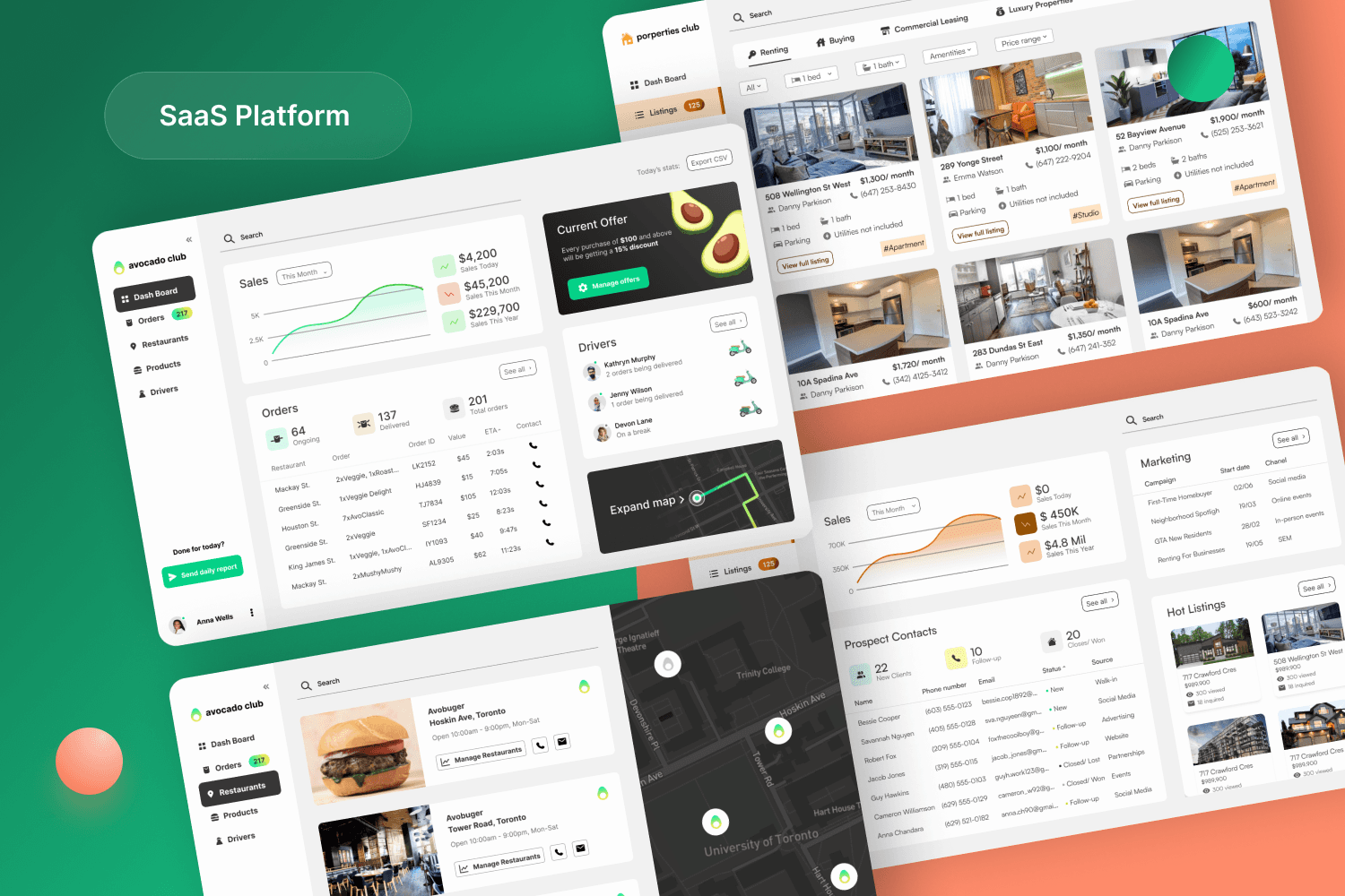 A sleek digital showcase displaying a collection of desktop and mobile high-fidelity UI mockups for a multi-industry SaaS platform. On the left, a mobile app view displays a dark-themed delivery management system with tracking maps and live driver coordinates. On the right, clean desktop interfaces feature a white minimalist property listings grid with interior photographs for real estate agencies, alongside a comprehensive restaurant dashboard highlighting sales data analytics, CRM communications pipelines, and current hot orders.