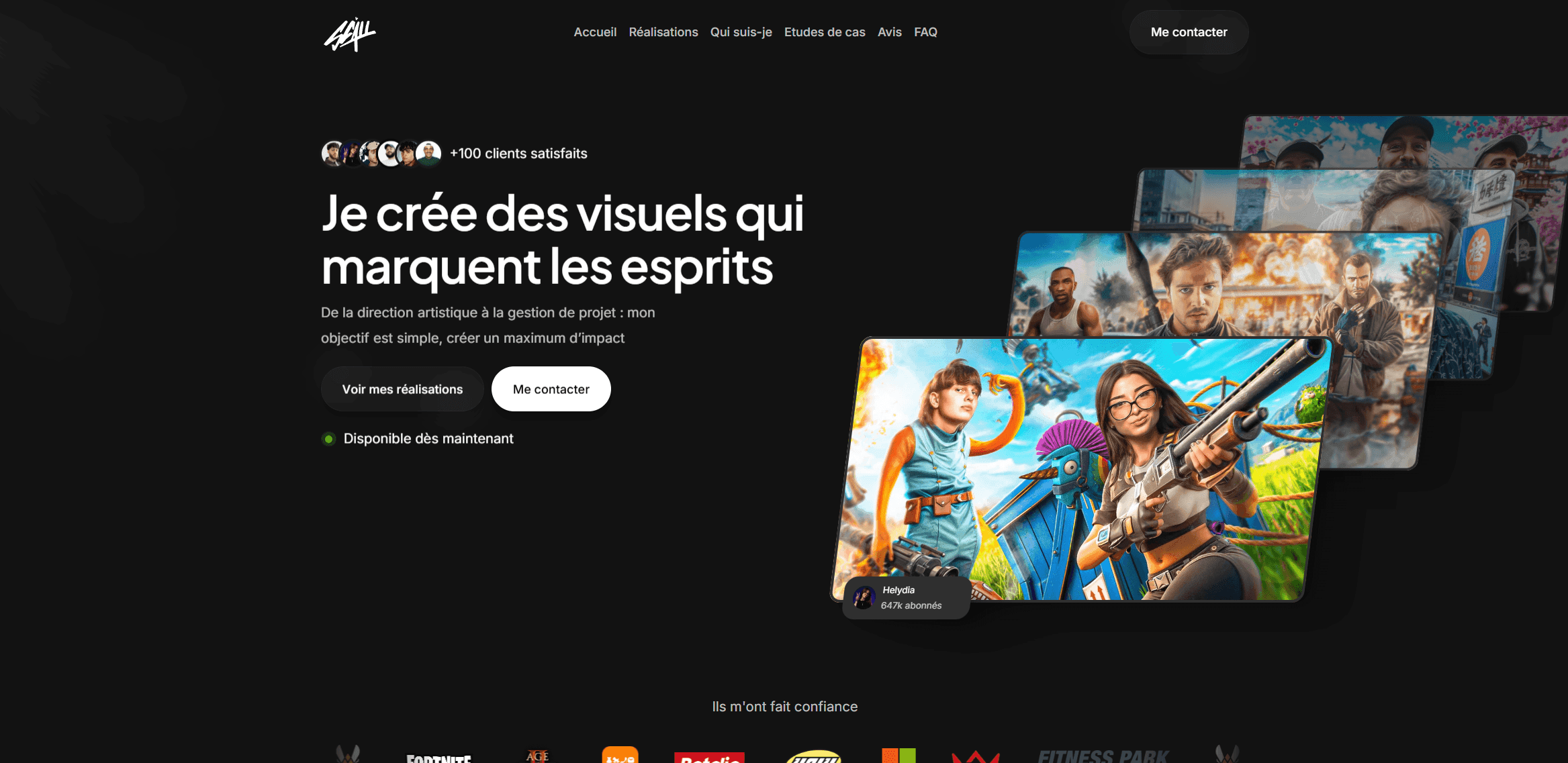 Hero section du site en dark mode pour un graphiste indépendant