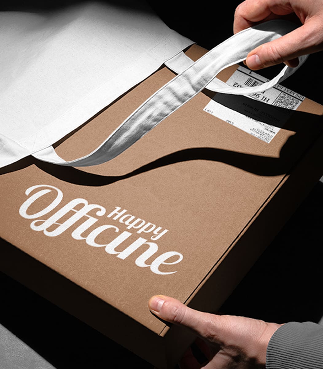 Happy Officine packaging box with logo being opened, showcasing premium unboxing experience