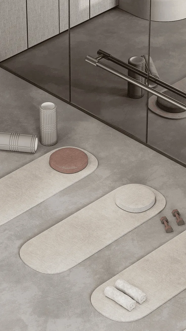 A serene spa setting featuring beige yoga mats, foam rollers, and light weights on a smooth concrete floor, reflecting a wellness theme.