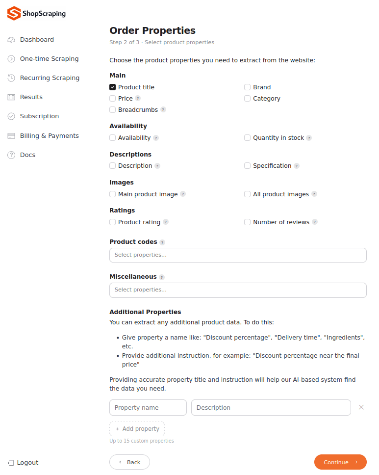 Selecting data fields such as price and availability in ShopScraping