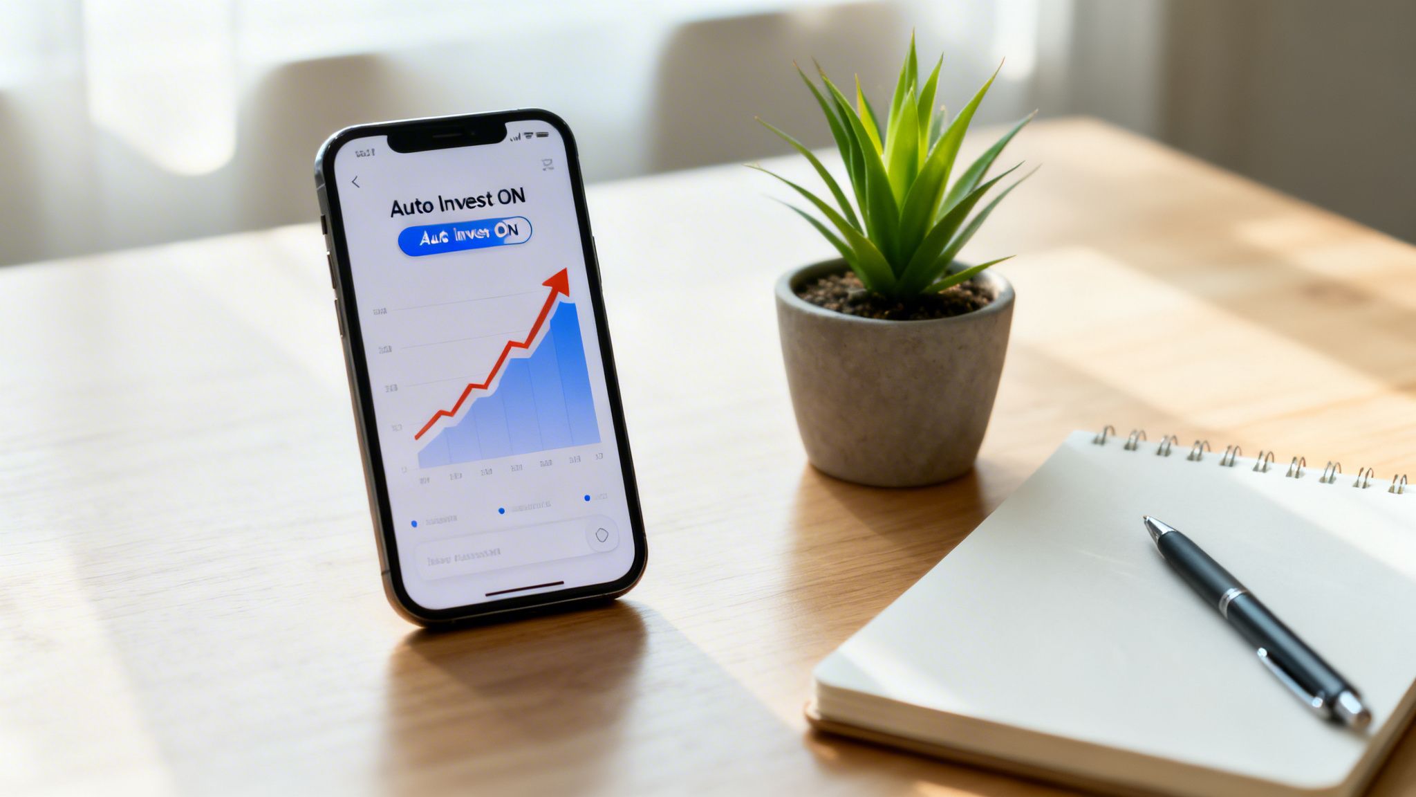 Smartphone showing an 'Auto Invest ON' financial app with an upward trending graph on a desk.