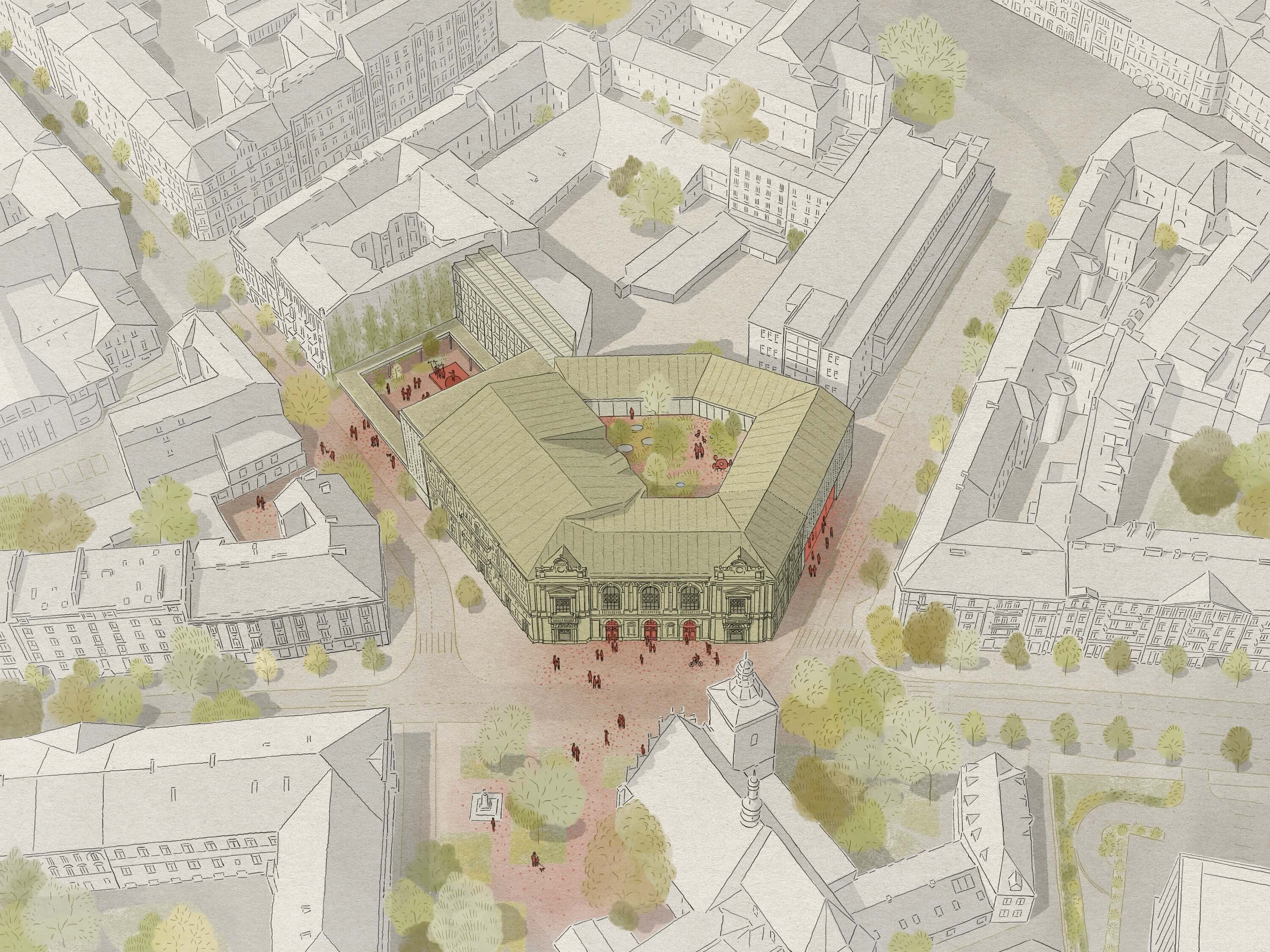 Aerial view of a complex architectural design featuring green spaces and buildings arranged around a central area.