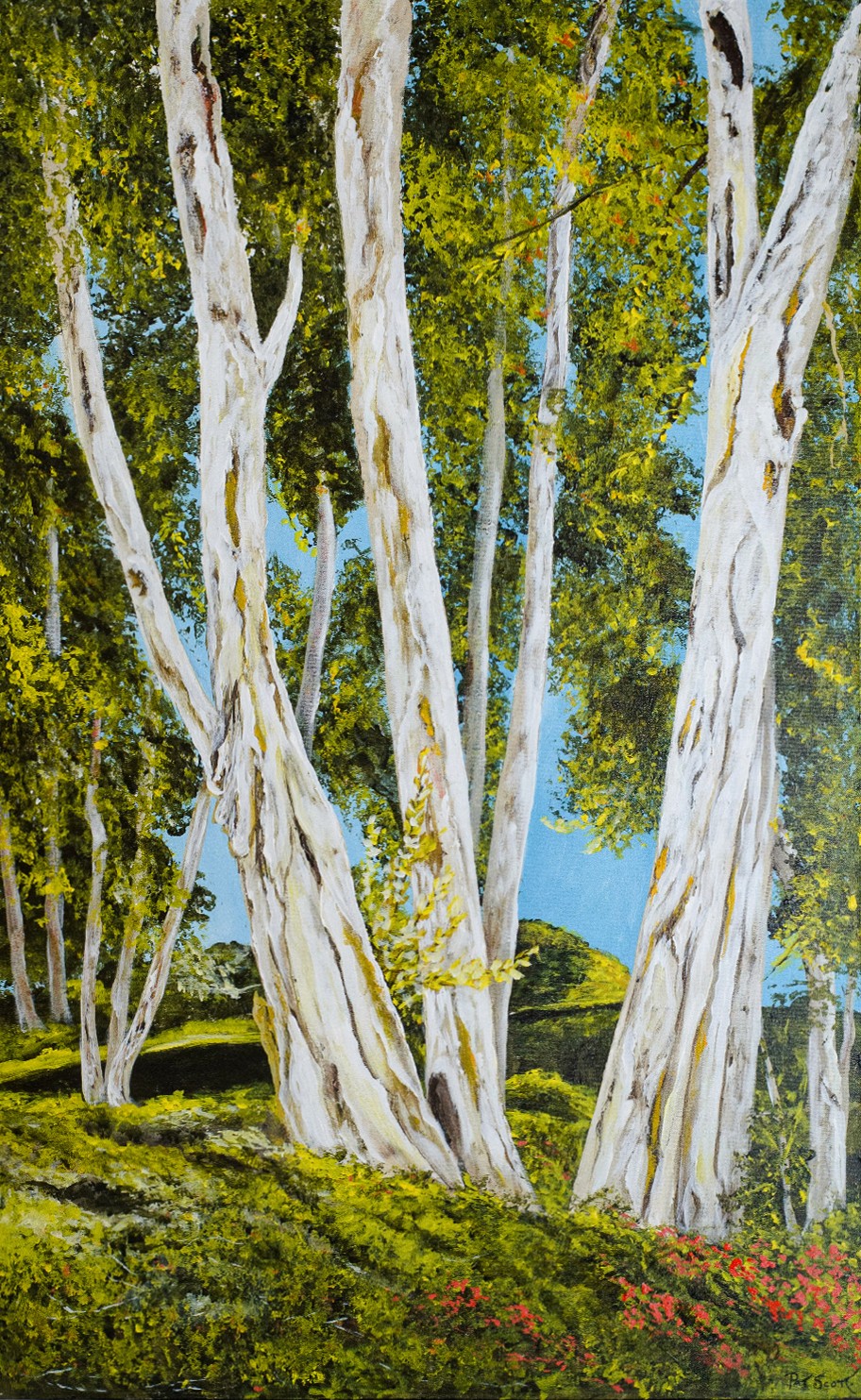 The scale and stature of eucalyptus trees is captured on this vertical canvas.