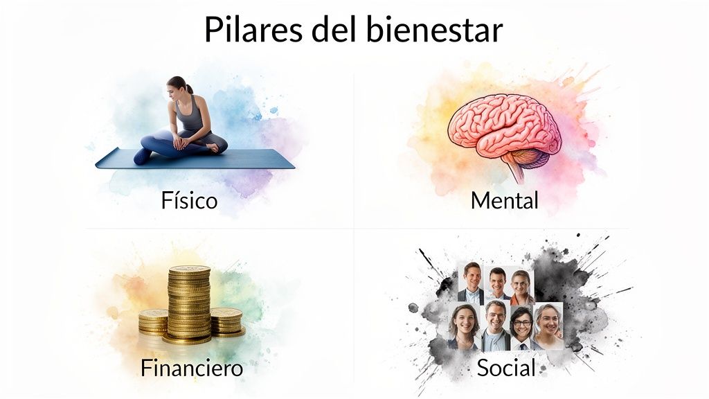 Imagen que representa los cuatro pilares del bienestar: físico, mental, financiero y social.