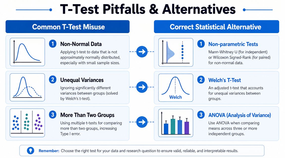 A summary chart comparing common t-test misuse pitfalls with their correct statistical alternatives and solutions.
