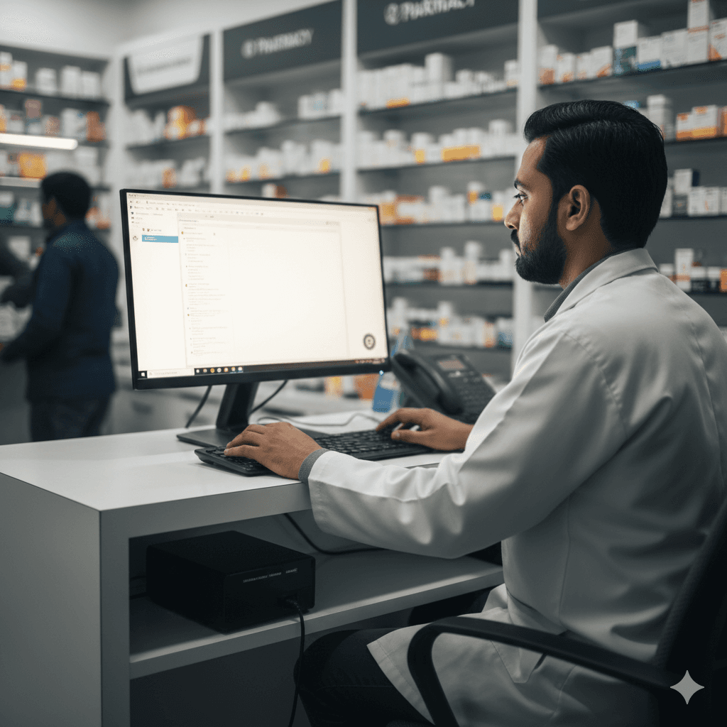 Pharmacist entering a bill on a desktop system at a pharmacy counter while a customer waits, showing real-world retail pharmacy operations in India.