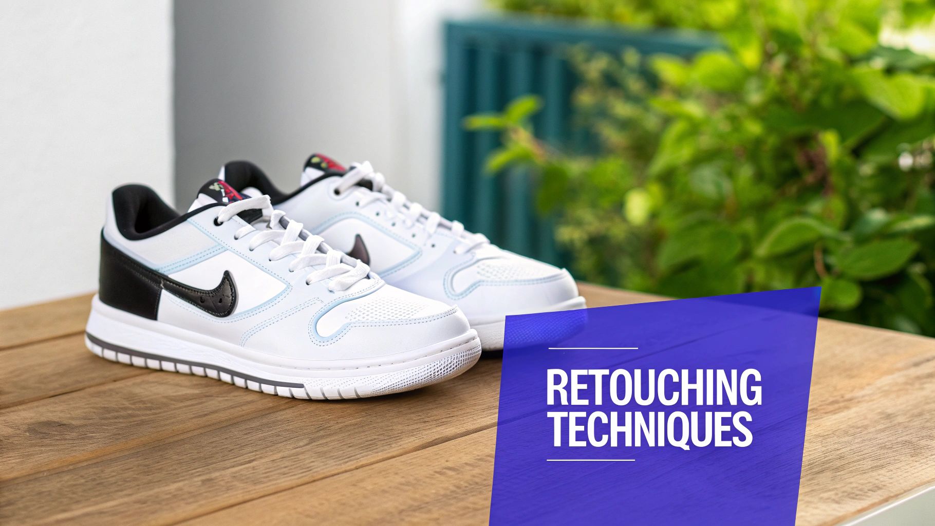 White Nike sneakers on wooden table with retouching techniques text overlay for ecommerce photography