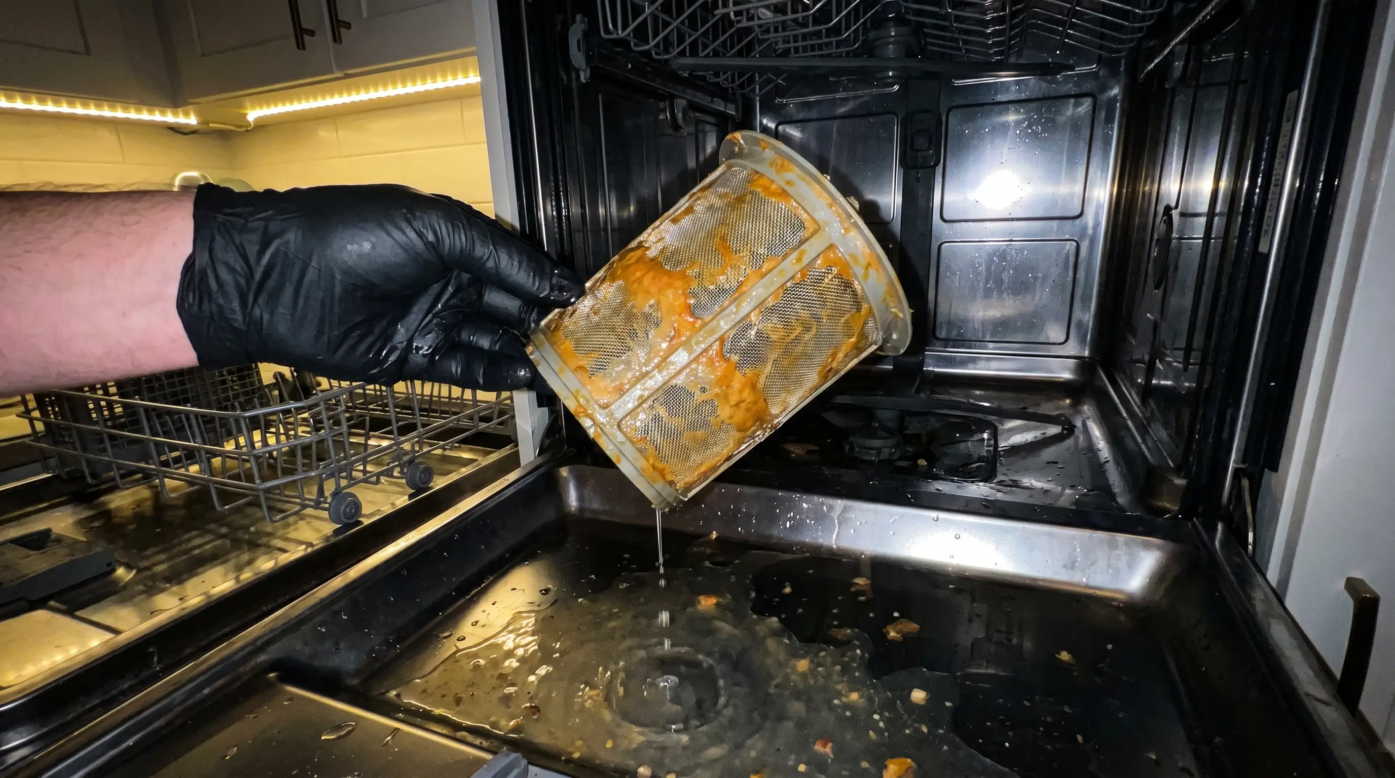 A dishwasher filter on first removal — grease film, trapped food and the start of a biofilm colony.