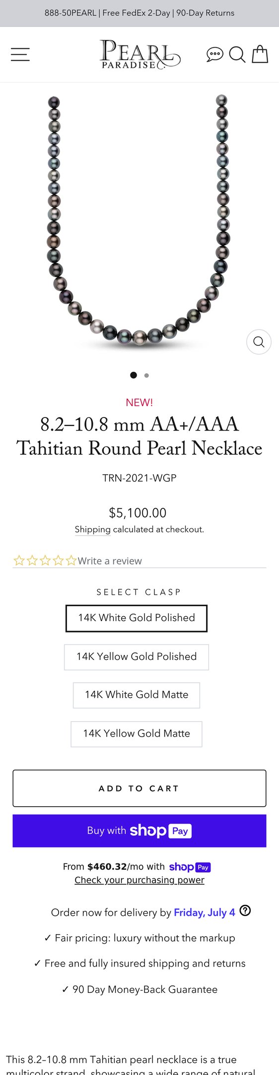 Jewelry product options include: necklace for 8.2–10.8 mm AA+/AAA Tahitian Round Pearl Necklace from Pearl Paradise.