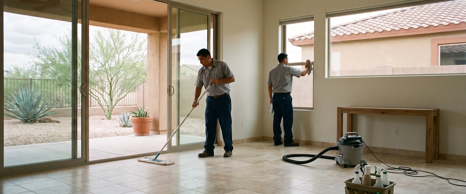 Two cleaners at the far end of a tiled living room, one mopping travertine while the other wipes a sill by the porch doors.
