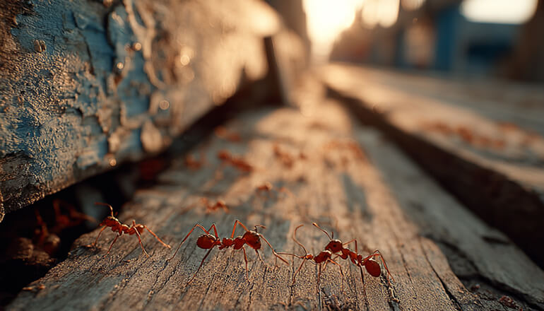ants marching on wood looking for food
