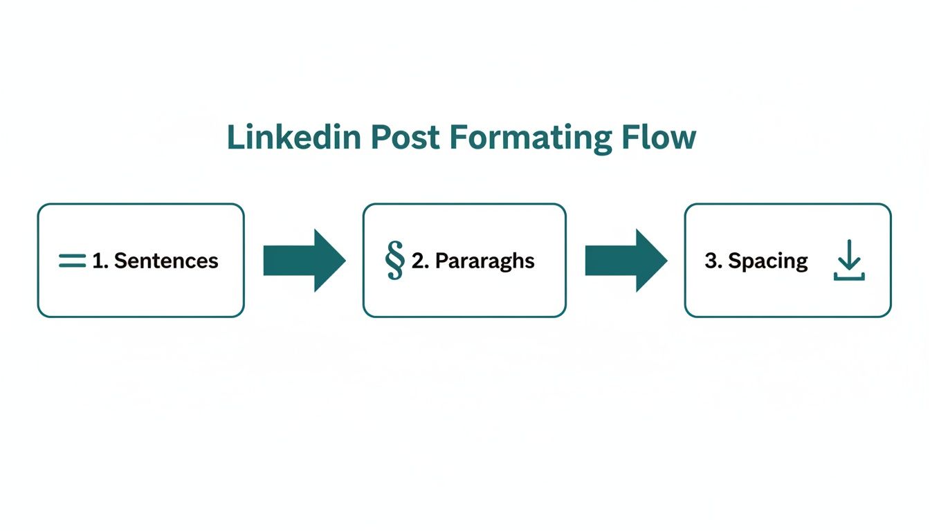 A flowchart detailing the LinkedIn Post Formatting Flow, including steps for sentences, paragraphs, and spacing.