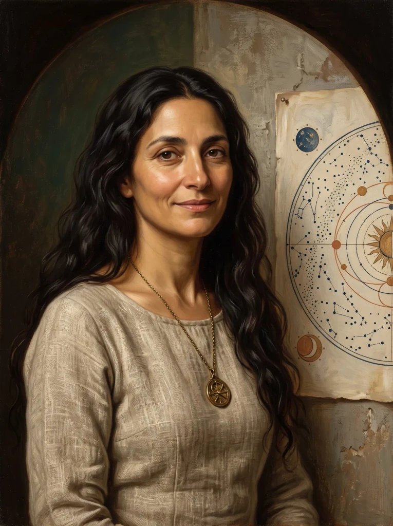 Portrait of Mara Quintana beside a hand-drawn star chart