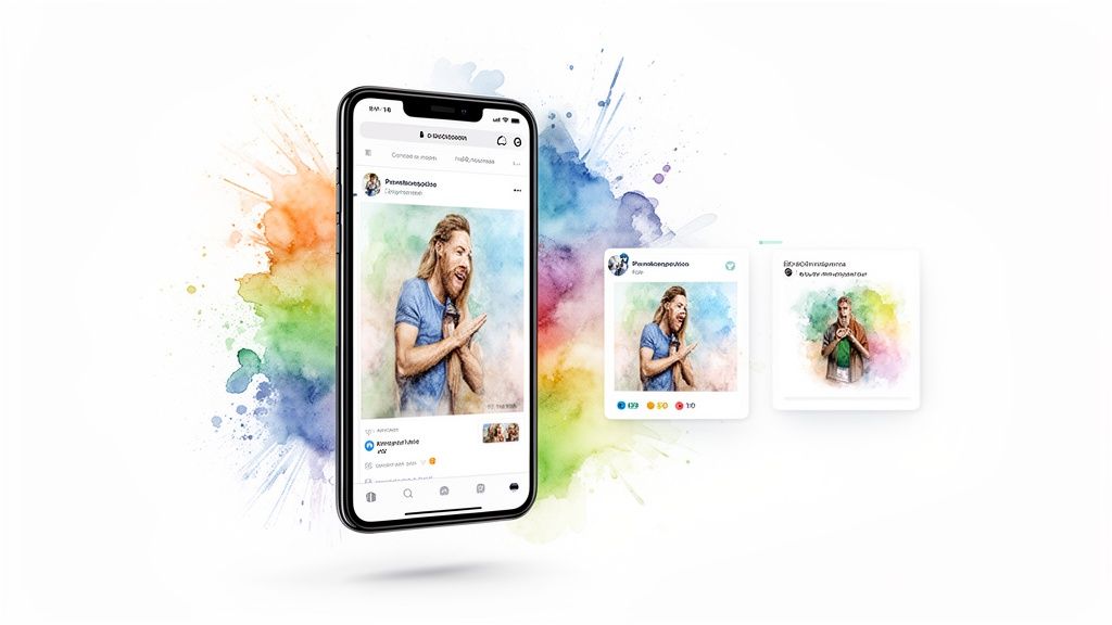 A smartphone displays social media posts with watercolor portraits, surrounded by colorful paint splashes.