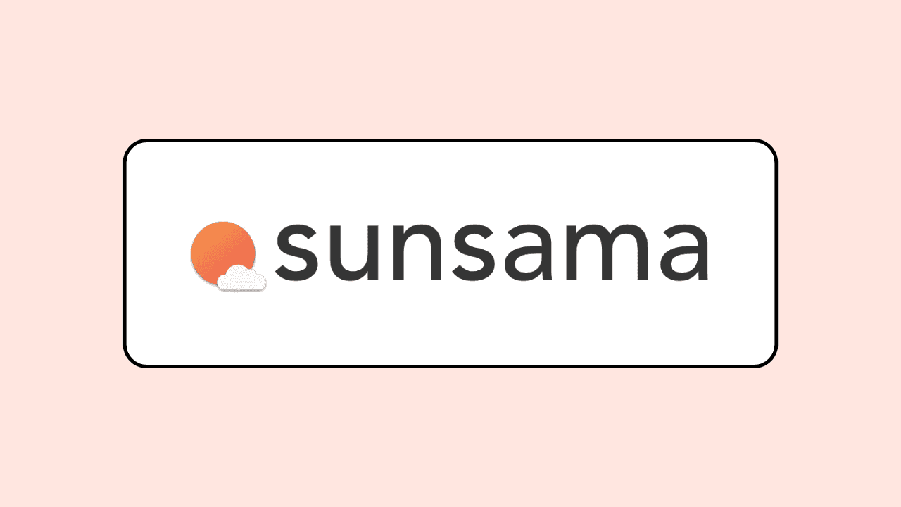 Sunsama logo on a white background with black border on a salmon-pink background.